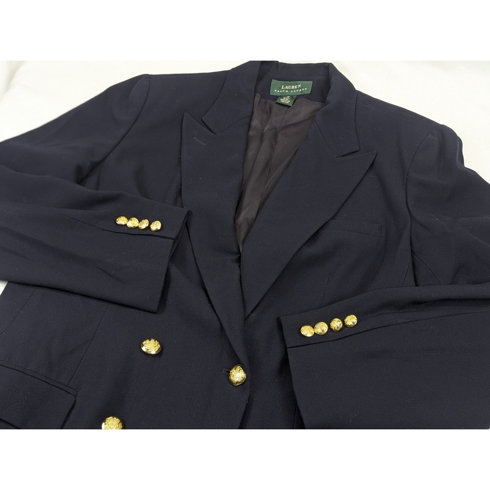 Lauren Ralph Lauren Navy Blue Worsted Wool Double Breasted Gold Button Blazer 16